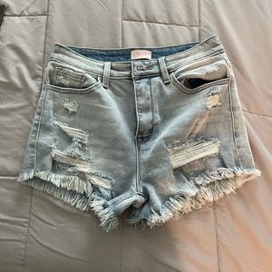 BACKROAD SONGS DISTRESSED HIGH WAISTED LIGHT WASH JEAN SHORTS